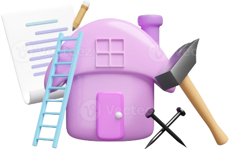 A hammer and various tools on a workbench in front of a house.