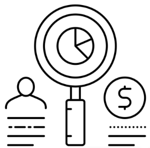 Magnifying glass icon with dollar sign and pie chart, representing financial analysis and investigation with transparency.